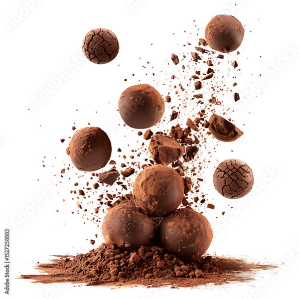 Fototapeta Chocolate truffles falling with cocoa powder splashes, isolated on white background.