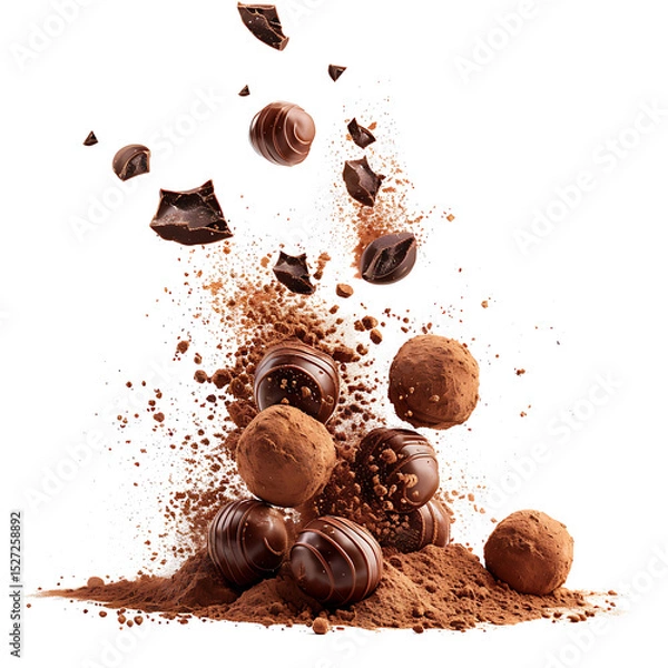 Fototapeta Chocolate truffles falling with cocoa powder splashes, isolated on white background.