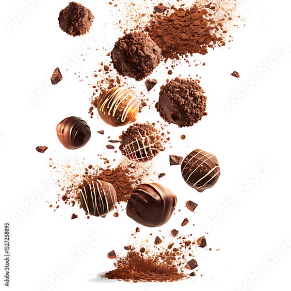 Fototapeta Chocolate truffles falling with cocoa powder splashes, isolated on white background.