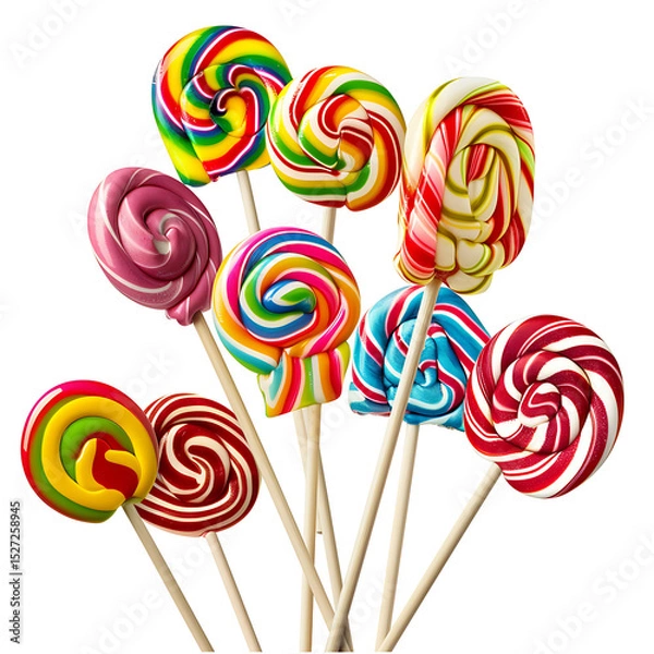 Fototapeta Lollipops in various shapes and colors falling, isolated on white background