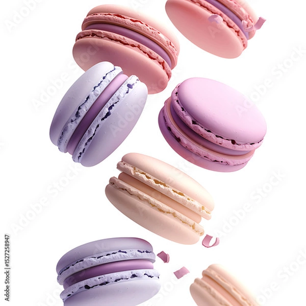 Fototapeta Macarons in pastel colors falling gently, isolated on white background
