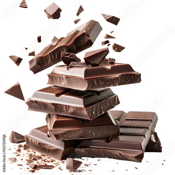 Fototapeta Chocolate bars breaking and falling in motion, isolated on white background