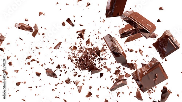 Fototapeta Chocolate bars breaking and falling in motion, isolated on white background