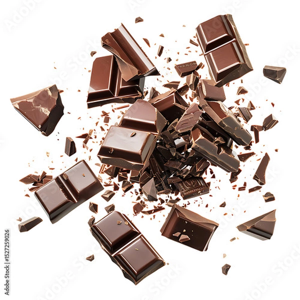 Fototapeta Chocolate bars breaking and falling in motion, isolated on white background