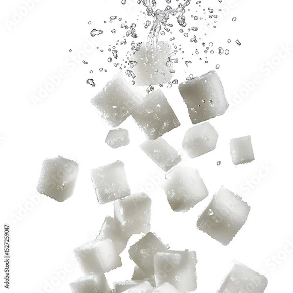 Fototapeta Sugar cubes falling with crystal-like texture, isolated on white background