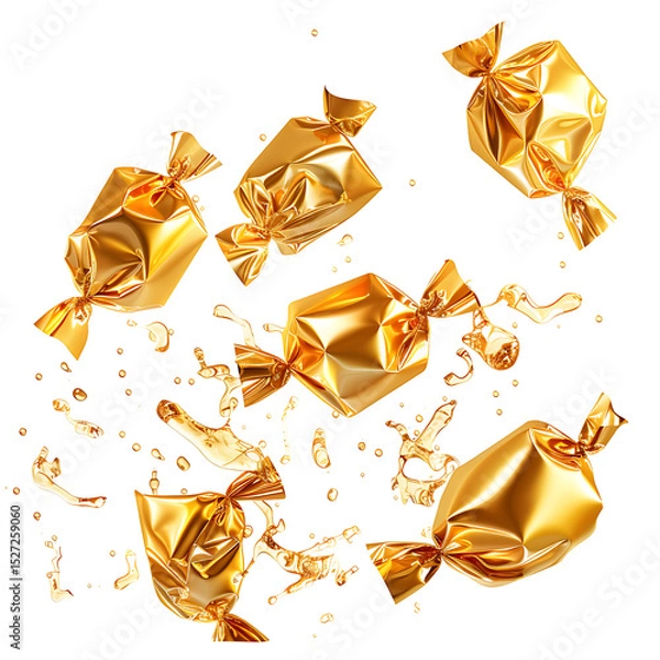 Fototapeta Toffee candies falling in golden wrappers, isolated on white background
