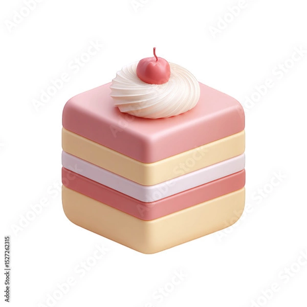 Fototapeta Delicious layered cake with creamy swirl topping sweet dessert treat pastel colors yummy pink yellow white square shaped on transparent background 3d