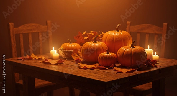 Fototapeta Cozy autumn table setting with pumpkins and candles in warm light  
