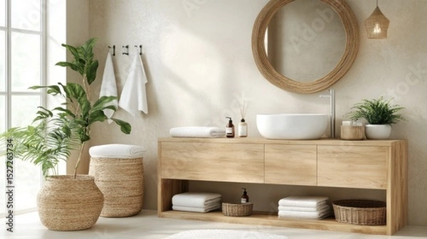 Obraz Scandinavian-style bathroom with light wood finishes, white ceramics, and subtle decorative touches