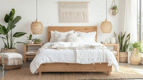 Obraz Scandinavian-style bedroom featuring light wood furniture, crisp white linens, and natural textures
