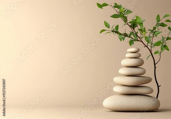 Obraz Serene Stacked Stones and Branch with Leaves