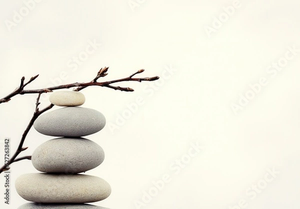 Obraz Balanced stones and branch zen garden scene peaceful serenity