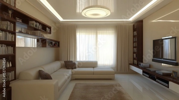 Obraz Small living room with multifunctional furniture and mirrors to create a spacious feel