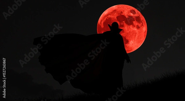 Fototapeta Dark figure with cape standing against a red full moon at night  