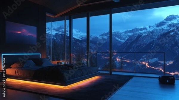 Obraz Smart bedroom setup with integrated lighting, automated blinds, and tech features