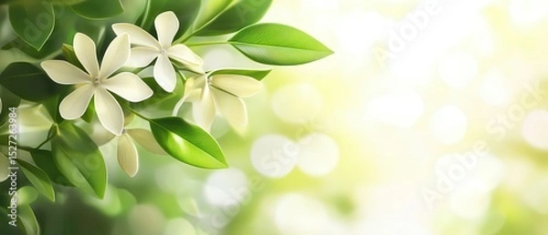 Obraz Delicate White Blossoms and Lush Green Leaves in Soft Sunlight
