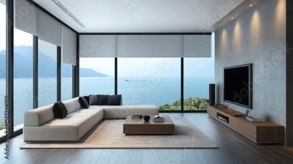 Obraz Smart living room with voice-activated lighting, motorized blinds, and a sleek entertainment setup
