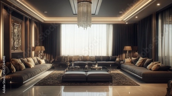 Obraz Sophisticated living room with a muted color palette, elegant lighting, and plush seating
