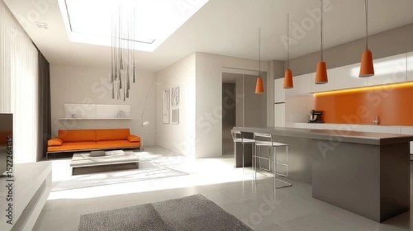 Obraz Spacious kitchen with breakfast nook, skylight, and modern pendant lights