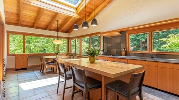 Obraz Spacious kitchen with breakfast nook, skylight, and modern pendant lights