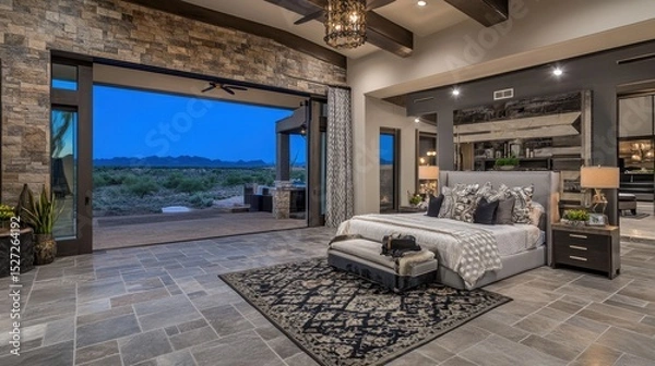 Obraz Spacious master bedroom with a king bed, luxury rug, and designer lighting