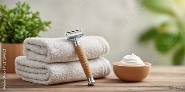 Fototapeta A stylish razor rests on soft towels beside a bowl of shaving cream, complemented by a small plant, creating a serene grooming atmosphere.