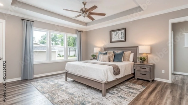 Obraz Spacious master bedroom with a king bed, luxury rug, and designer lighting