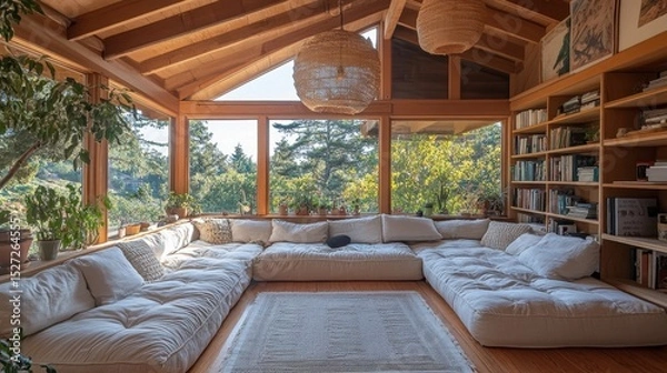 Obraz Sustainable living room using reclaimed materials, energy-efficient lighting, and natural fabrics