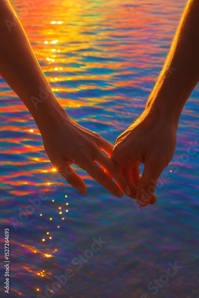 Fototapeta Two Hands Touching Over Colorful Water Reflection