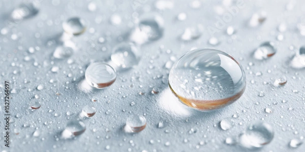 Fototapeta Close-up of water droplets on a surface, showcasing reflections and textures, highlighting the beauty of liquid and light.