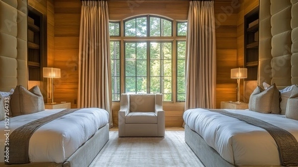 Obraz Twin bedroom with symmetrical furniture, matching bedding, and balanced design