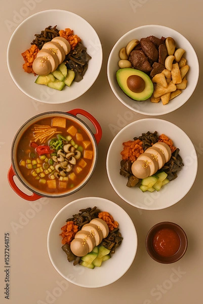 Fototapeta "A Variety of Healthy Bowls with Soup and Avocado"