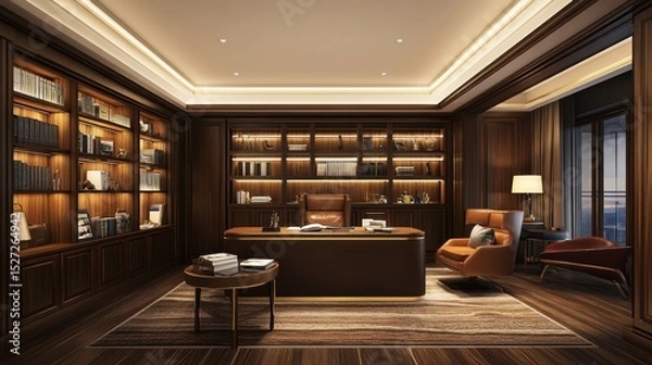 Obraz Warm-toned home office with wooden textures, ambient lighting, and organized workspace