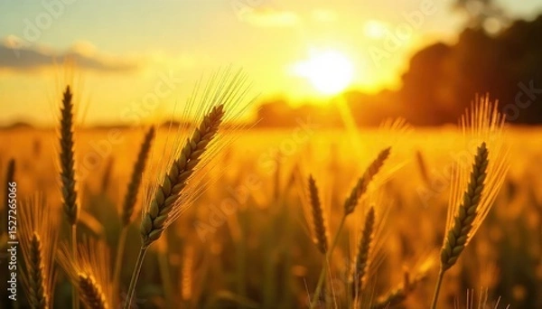 Fototapeta Golden hour sunlight bathes a lush field of ripening wheat, swaying gently in the warm summer breeze A perfect image for agricultural and summer themes , country, summer