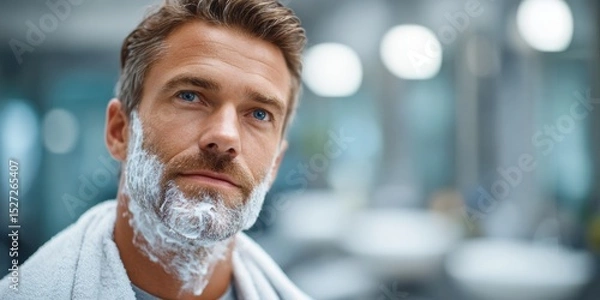 Fototapeta A man with a shaved face and beard cream looks thoughtfully while preparing for grooming in a modern barbershop environment.