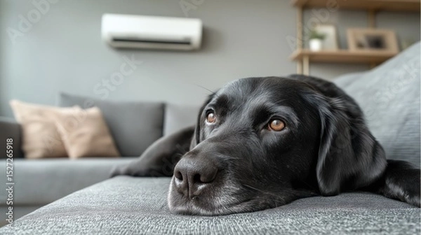 Fototapeta Relaxed black Labrador resting on a couch in a modern living room during the afternoon.