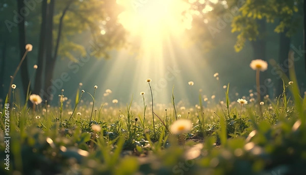 Fototapeta Landscape illustration, morning mist covering the forest with soft sunlight, a quiet path, stream and trees, golden sunset light shining through the bright grassland.