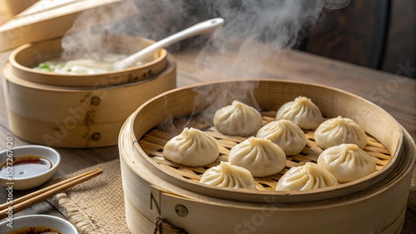 Fototapeta Steaming Hot Xiao Long Bao Dumplings in Bamboo Steamer with Soup and Condiments on a Wooden Table Delicious Asian Cuisine