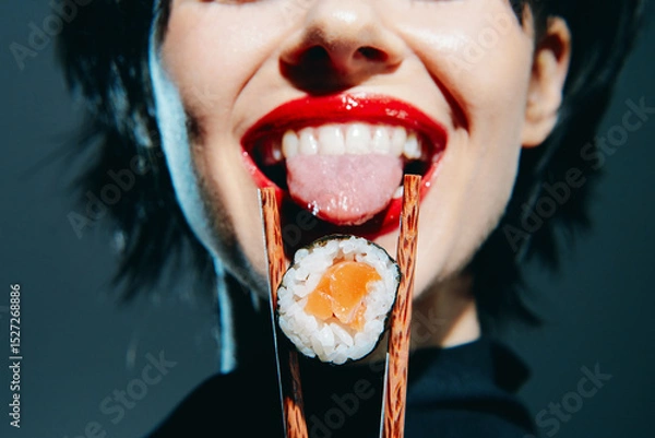 Fototapeta Young woman enjoying sushi with chopsticks, vibrant red lips and playful expression, against a dark modern background.
