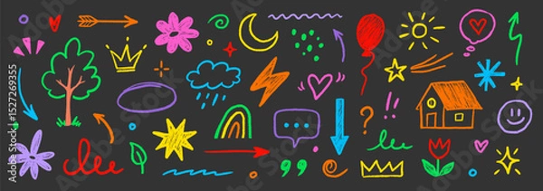 Fototapeta Hand drawn crayon child pencil style icon set. Cute rainbow, heart, crown, flower and sun in colorful kid doodle style. Chalk texture, cloud, smile, star and sketch figure for play or school design
