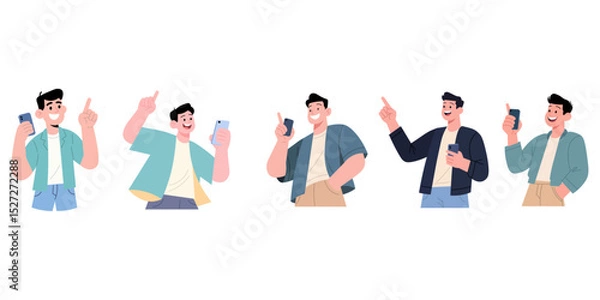 Obraz Happy young men using smartphones, pointing upwards