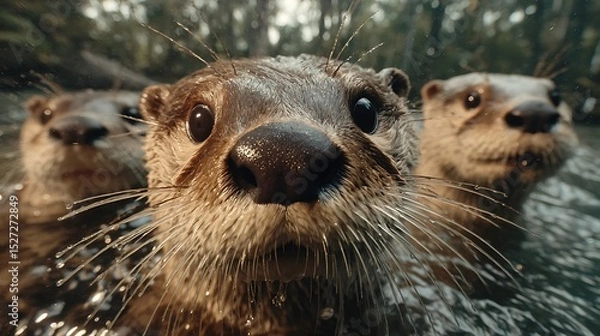 Fototapeta intimate wide-angle shot of a family of river otters playing in a calm rainforest stream, splashes and smiles everywhere