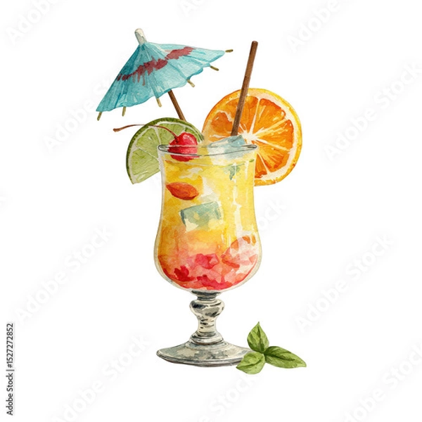 Fototapeta Refreshing summer cocktail with orange and cherry garnish tropical watercolor illustration of a delicious mixed drink in a on transparent background