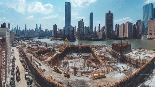 Fototapeta Construction site with heavy machinery in New York city, tall buildings and river on background during daytime