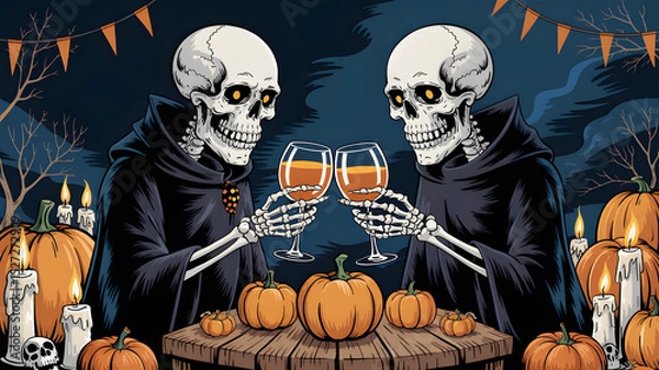 Fototapeta Two cloaked skeletons clink wine glasses surrounded by pumpkins and candles celebrating Halloween.