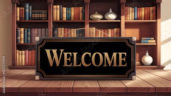 Fototapeta A Welcome sign rests on a table before a bookshelf filled with books and decorative items.