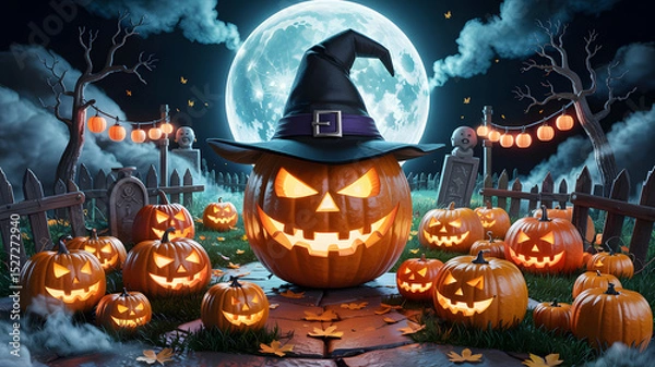 Fototapeta A Halloween night scene featuring glowing jack-o'-lanterns a witch hat a spooky fence and a large moon.