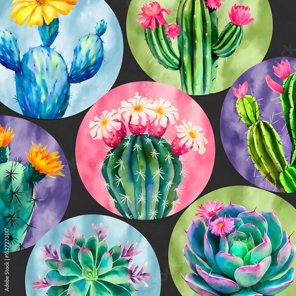 Fototapeta Watercolor-style cacti and succulents each blooming with colorful flowers set against contrasting circular backgrounds.