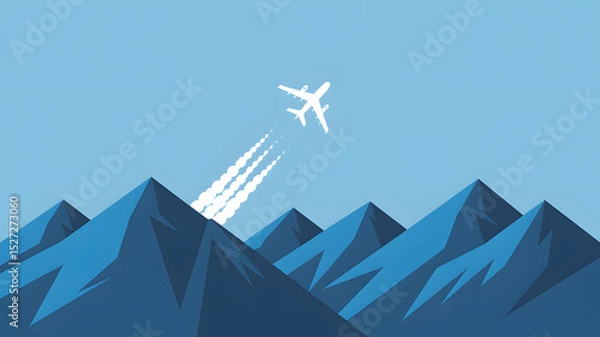 Fototapeta A vector illustration showing an airplane flying over a mountain range leaving a vapor trail against a clear blue sky.