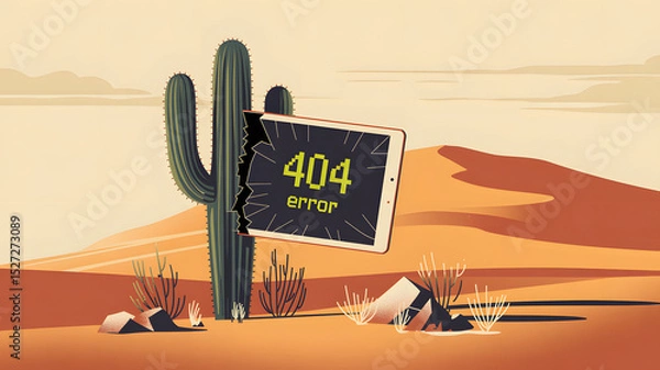 Fototapeta Desert scene with cactus a cracked tablet displaying 404 error message and dunes under the sun.